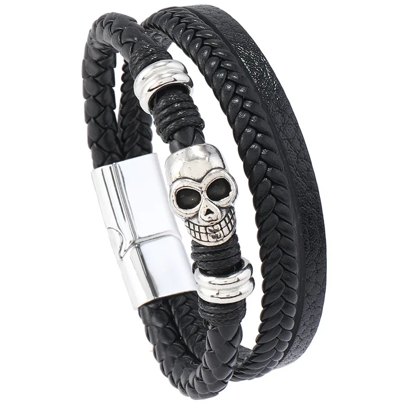 Multi-layer Leather Bracelet Stainless Steel Skull Beaded Men's Bracelets Braided Magnetic Clasp Bangles Fashion Jewelry