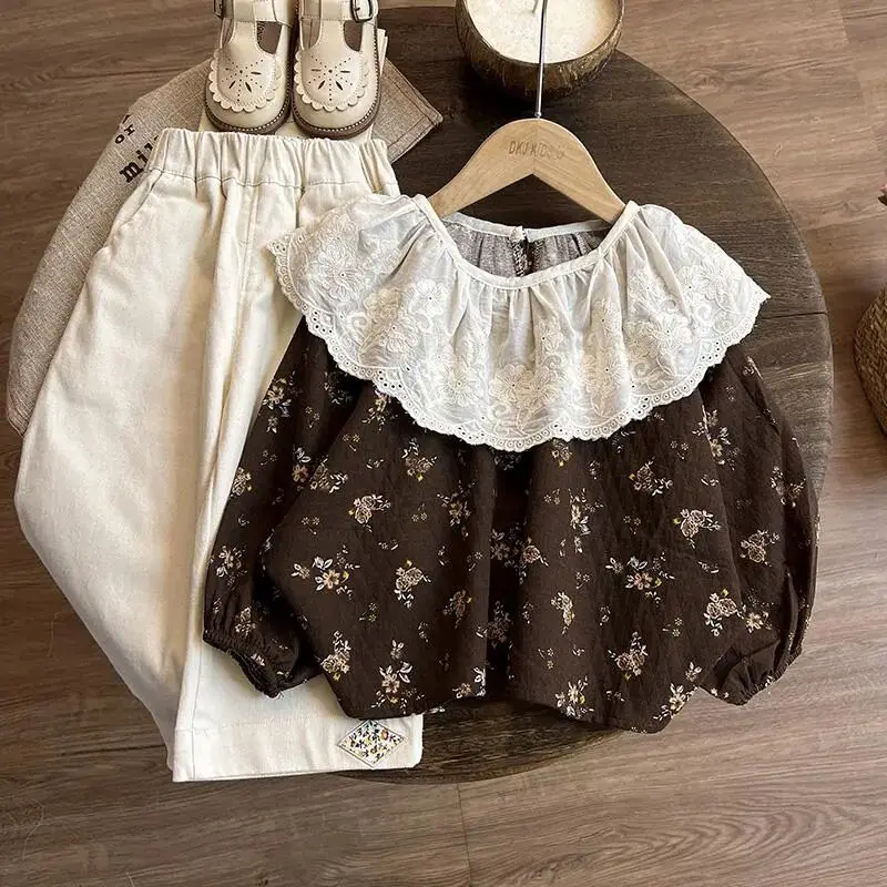 

Children's clothing set Spring and Autumn girls floral long sleeved doll shirt pants 2-piece set Baby lace big collar shirt