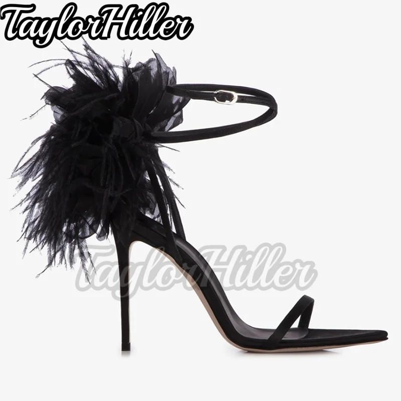 

Feather Decor One Strap Heeled Sandals Buckle Strap Stiletto High Heels Women Luxury Solid Dress Danicng Spring Summer New Shoes