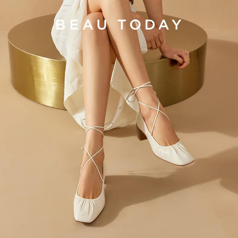 

BEAUTODAY Lace-up Pumps Women Sheepskin Cross-Tied Ankle Strap Shallow Pleated Roman Summer Ladies Casual Shoes Handmade 15377