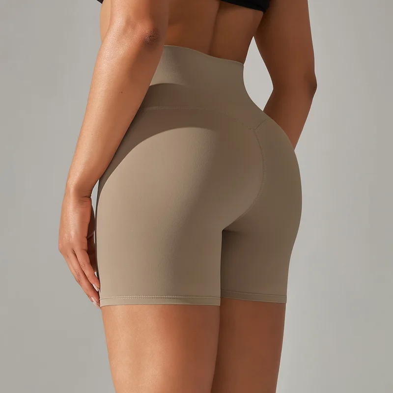 Spring and summer new solid color yoga shorts, double-sided brushed, tight-fitting, high-waisted, elastic sports fitness three-q