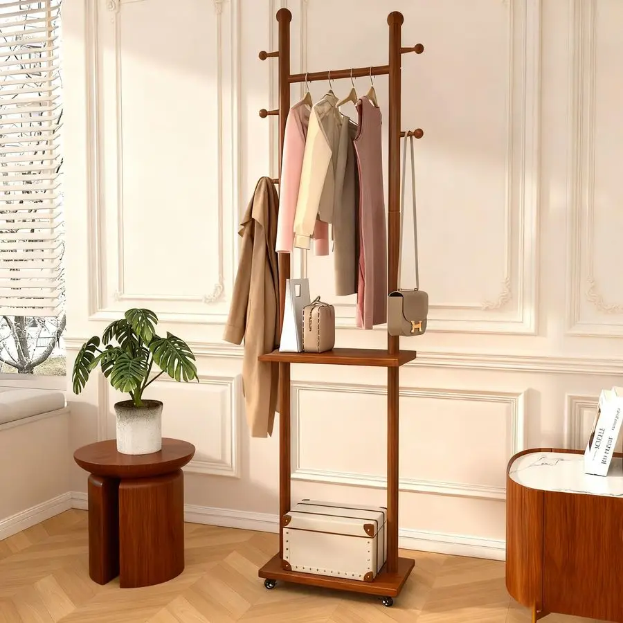 

Rack Freestanding Solid Wood Clothing Rack with Wheels amp 2 Storage Shelves amp 5 Hooks,Rotary Heavy Duty Wood Coat Tree Stand