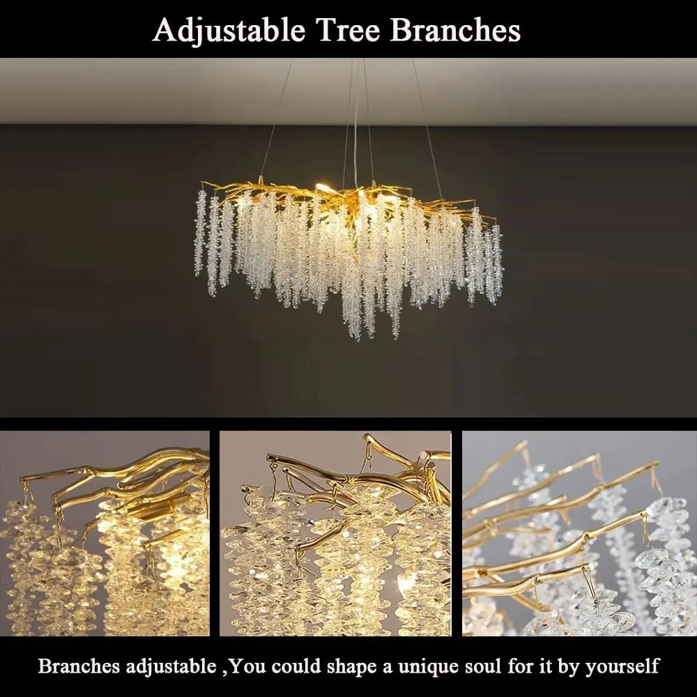 Modern Led Crystal Chandelier Branches for Dining Room Art Pendant Lamp Villa Hall Hanging Home Decor Lighting Fixture