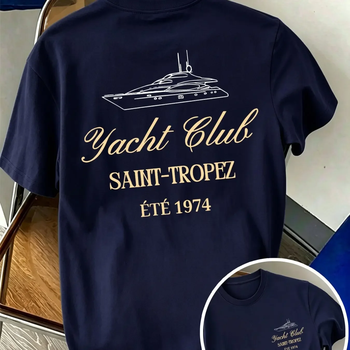 Nautical Yacht Graphic Print Men O‑neck Short Sleeve T‑shirt Casual Summer Loose Navy Blue Tops Unisex Daily Wear Tees