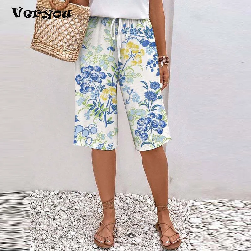 

Summer Shorts Women Casual Drawstring Design Flower Printed 1/2 Length Pants Plus Size Beach Holiday Shorts