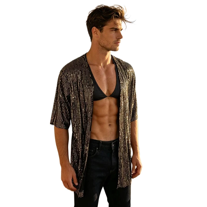 Herren-Pailletten-Kimono-Cardigan, kurzärmelig, vorne offen, locker sitzende Strand-Party-Festival-Rave-Oberbekleidung, Herren-Poloshirts, Kleidung – Detail 6