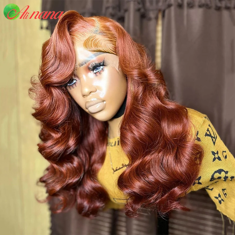 Perruque Body Wave Brésilienne Naturelle, Cheveux Humains, Brun Rousse, 13x6, Dentelle Transparente, pour Femme Africaine