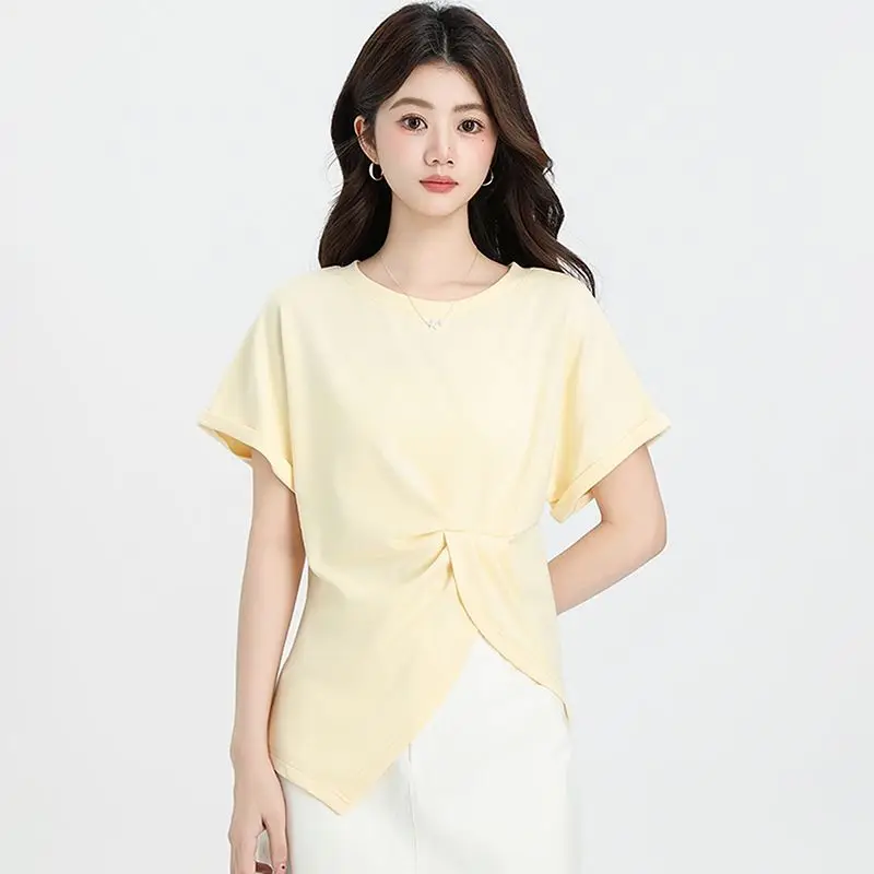 

Women's Clothing Irregular Shirring T-shirt Summer Sense of Design Vent Short Sleeve Slim Tee Lady O-neck Pullover All-match Top