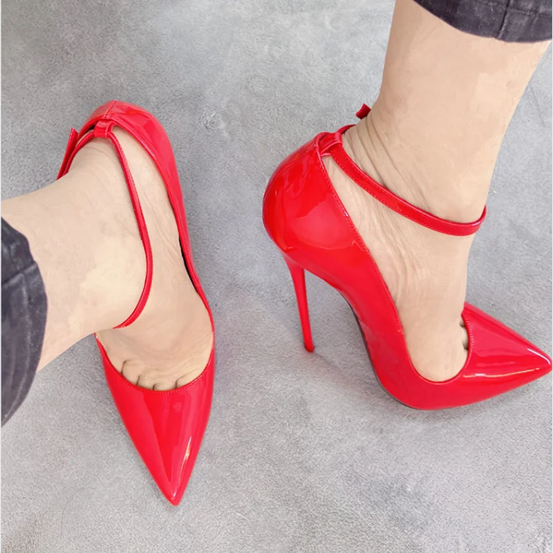 CACA 16cm Patent Leather Women Pumps,Shallow Shoes,Fashion Sexy High Heels,Pointed Toe,Ankle Strap,White,Red,Customized Colors