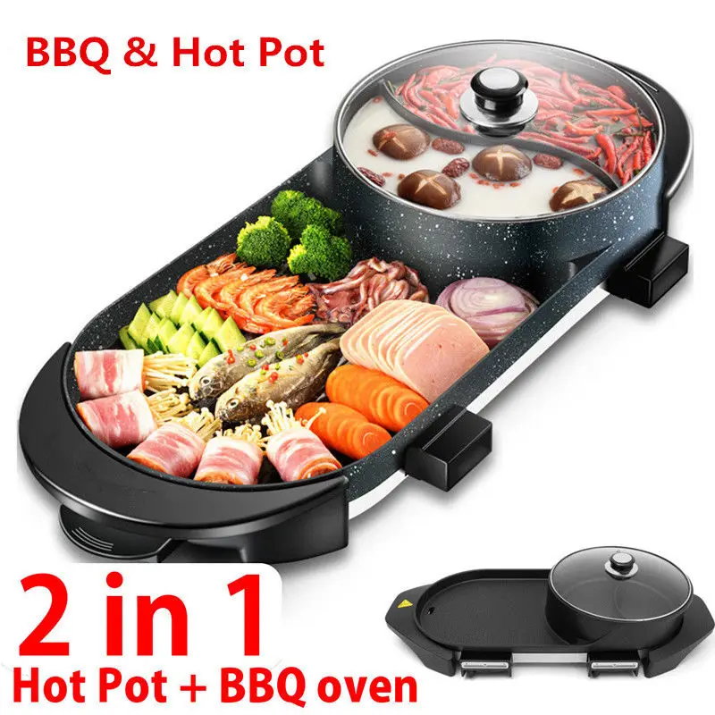 

Portable Grill 2 in 1 Electric Grill Barbecue Pan Smokeless Indoor Grilling Cook BBQ Oven Hot Pot Kitchen Tools Outdoor bbq