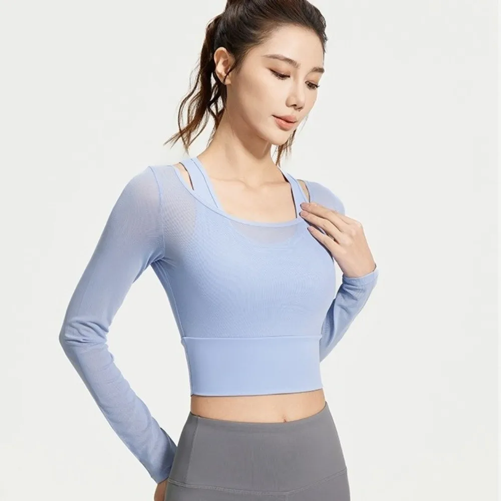 Long Sleeved Fitness Yoga Top Mesh Splicing Slimming Design Women Sports Top Fixed Chest Pad Breathable Yoga Shirts