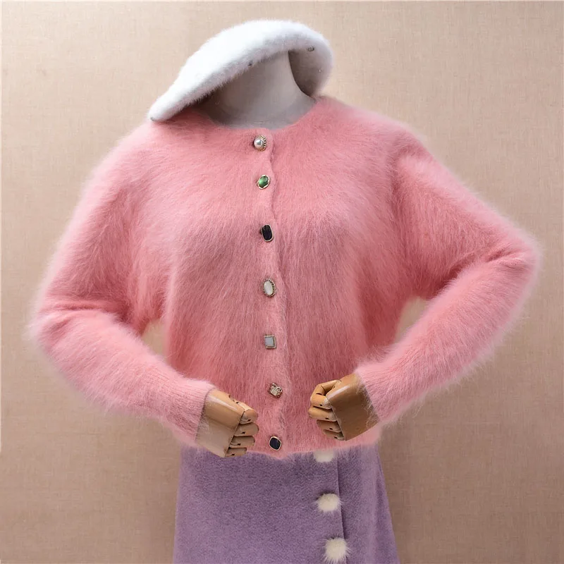 

Women Mujer Autumn Winter Fashion Sweet Pink Hairy Mink Cashmere Knitted Crop top Short Style Slim Cardigans Sweater Jacket Pull