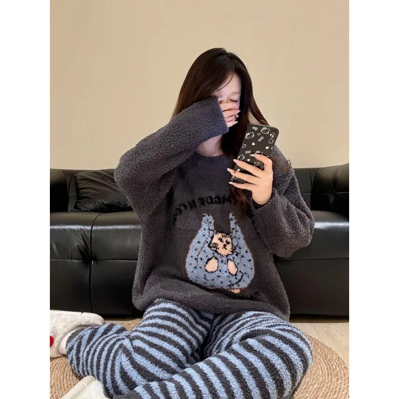 Kawaii Cat Graphic Pajamas Set Women 2026 Winter Thick Warm Fleece Sleepwear Grey Striped Lounge Wear Soft Plush Home Clothes