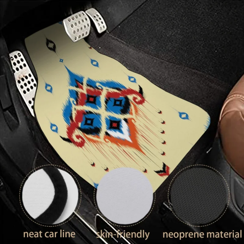Set Of 4 Bohemian Style Car Floor Mats Featuring Colorful Tribal Designs With Non-Slip Base For All Weather Protection, Suitable