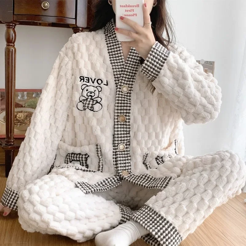 Coral Velvet Autumn Winter Pregnant Women Pajama Thick Sleepwear Warm Postpartum Breastfeedin Postpartum Confinement Homewear