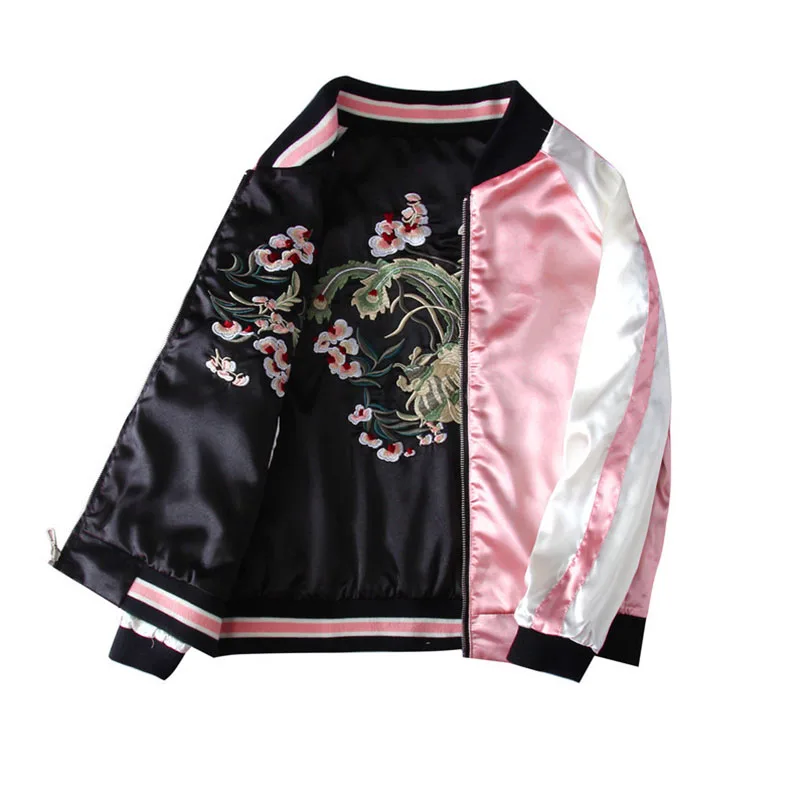 

Satin Yokosuka Sukajan Embroidery Baseball Jacket Women Double Sided Female Bomber Coat Floral Harajuku 2023 Autumn Japan Girls