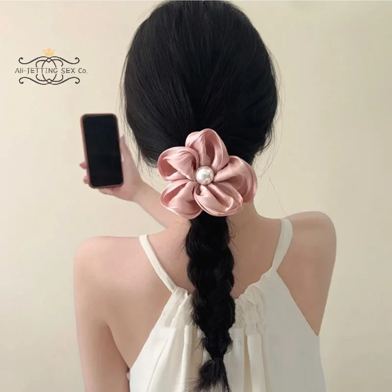 

Artistic Gloss Rose Large Flower Hair Rope, 1Pcs Retro French Style Pink Pearl Intestine Ring, Gentle Hair Accessories