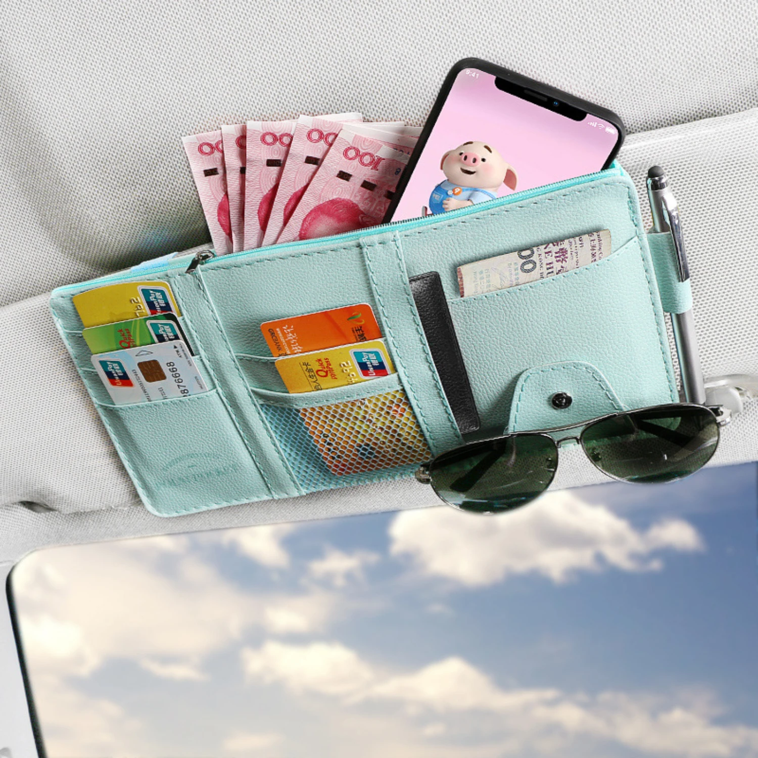 Convenient Stylish Multi-Pocket Zippered Car Sun Visor Organizer and Travel Document Holder in PU Leather - Securely Store Cards