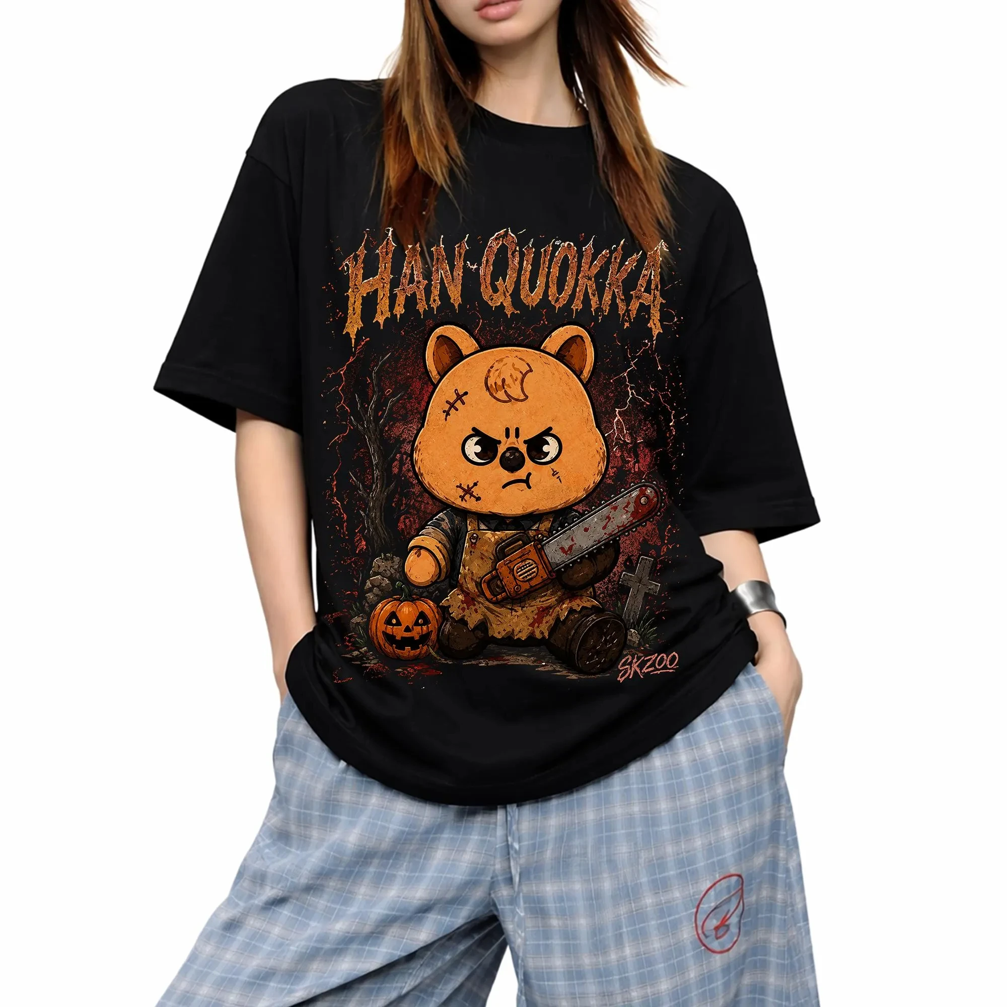 Kpop Stray Kids SKZOO Wolf Chan T-shirt Halloween Horror Cartoon Print Oversized Short Sleeve Unisex Fans Merch Tee