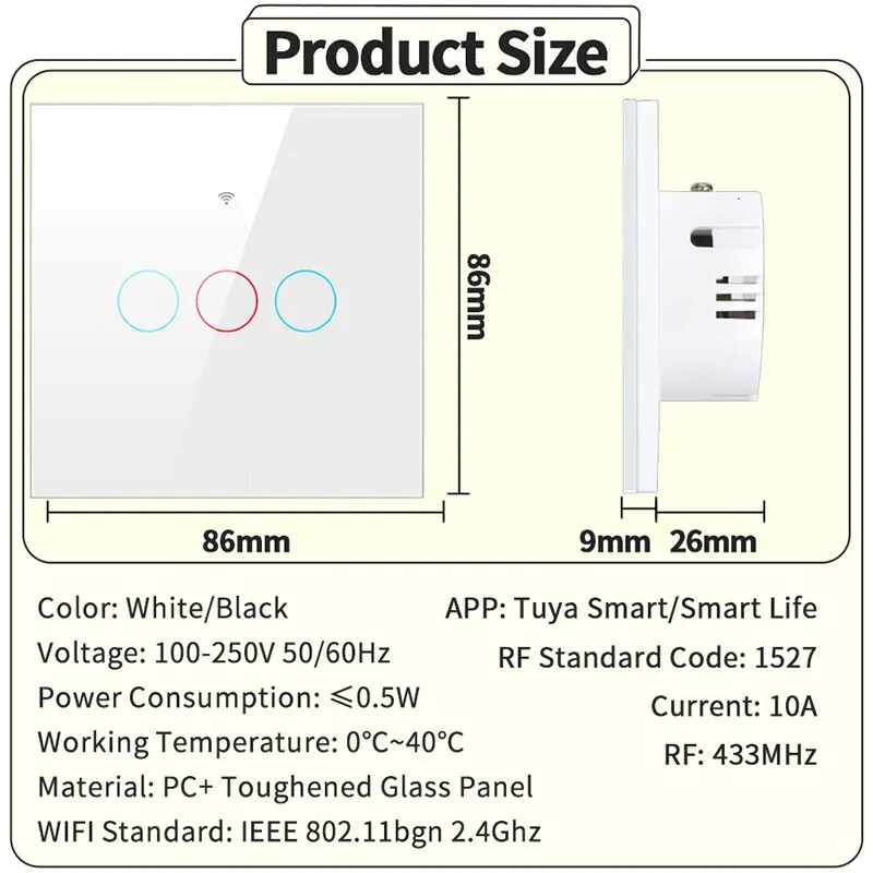 Tuya WiFi Smart Switch Works With Alexa With/Without Neutral Wire Touch Light Switch Wireless RF433 Wall Remote Voice Control