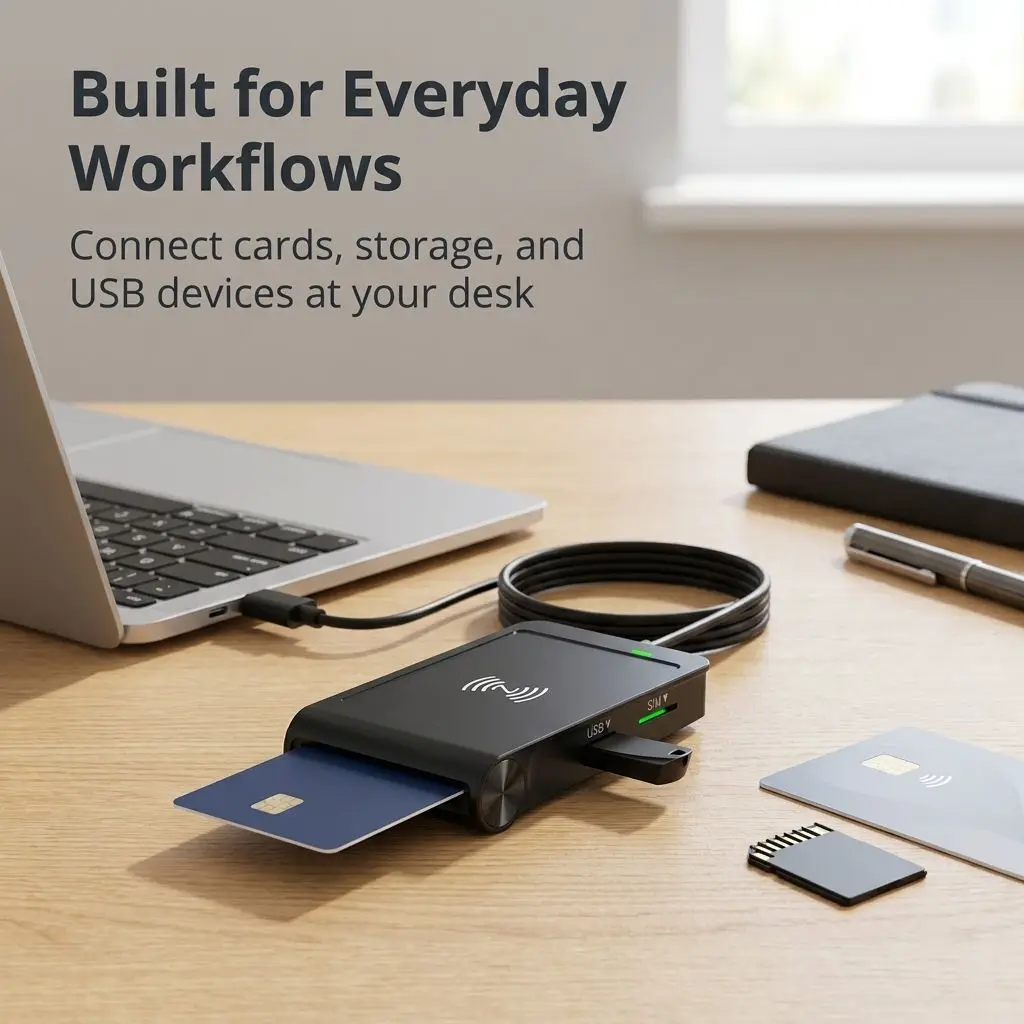MRSVI 6-in-1 USB-C/USB-A Smart Card Reader, NFC & Contactless Chip Reader, SD/TF/SIM Adapter, Plug & Play for Windows Mac Linux