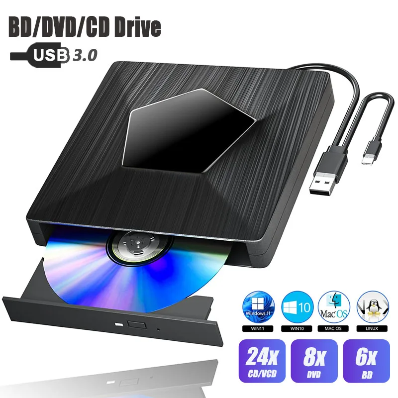 External Blu ray DVD Drive USB 3.0 Portable CD RW Player DVD Optical Drives for Laptop PC Computer Notebook CD Burner