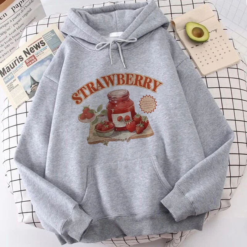 Women's Strawberry Print Graphic Sweatshirts Women Korean Style Hoodies 90s Casual Gothic Autunm Winter Hoody Pullovers Clothes