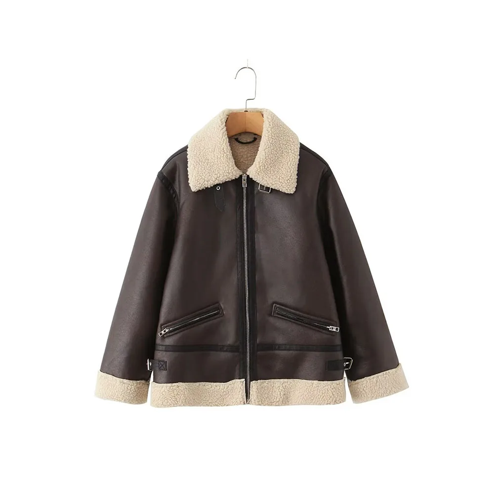 

Autumn and Winter New Women's Versatile Fashion Lamb Wool Collar Leather Coat