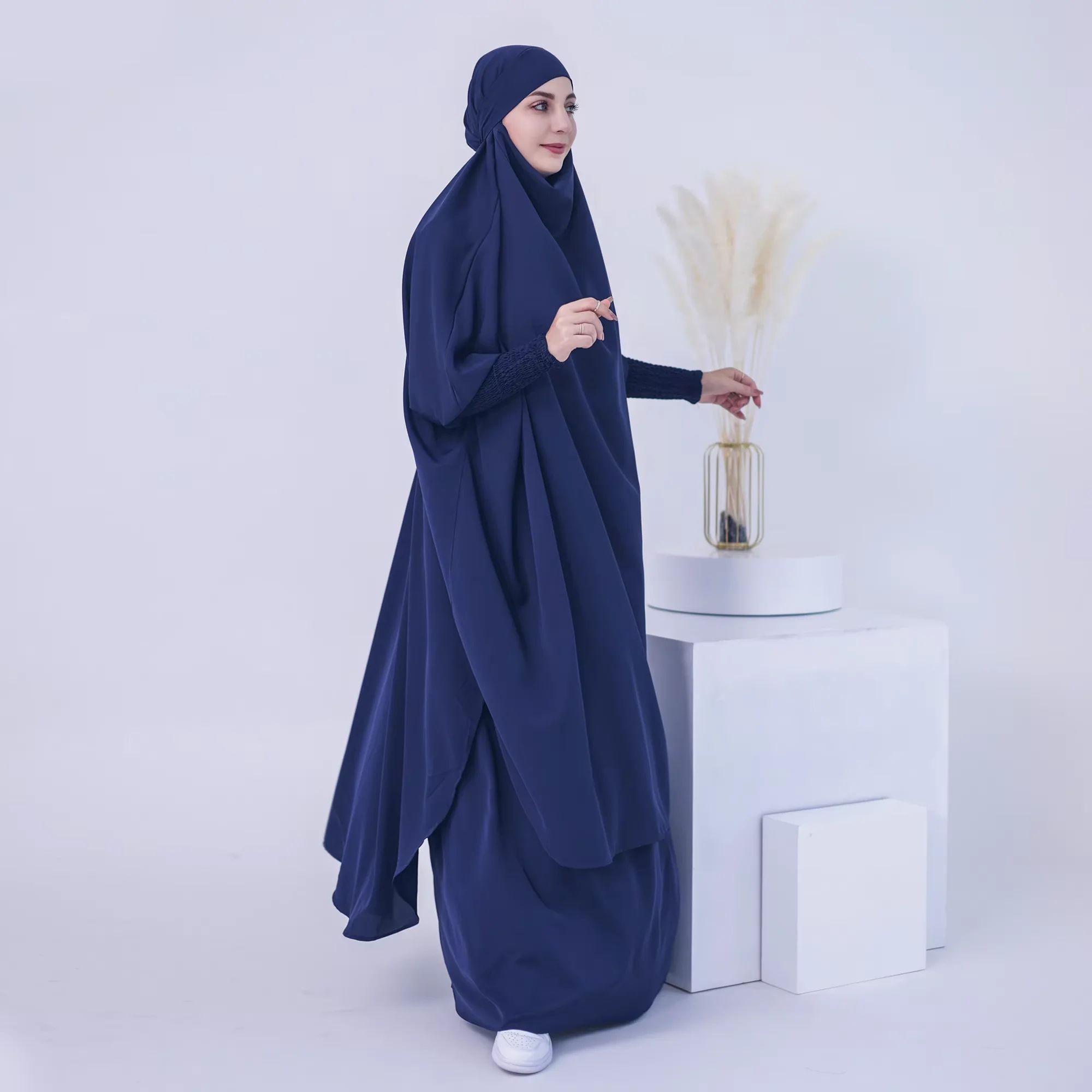 

2 Piece Set Muslim Women Prayer Garment Dress Overhead Hijab Long Khimar Abaya Caftan Ramadan Skirt Abayas Islamic Clothes Niqab