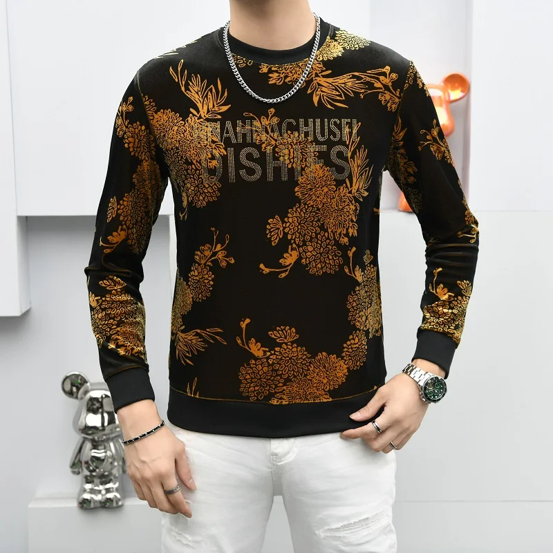 

2024 autumn European edition men's velvet Australian velvet hot gold drill round neck sweatshirt