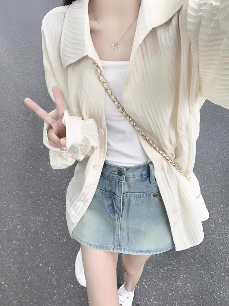 

Women's Spring Summer Thin Long Sleeve Shirt Outerwear Korean Style Commute Fashion Breathable Polyester Fiber Button Design