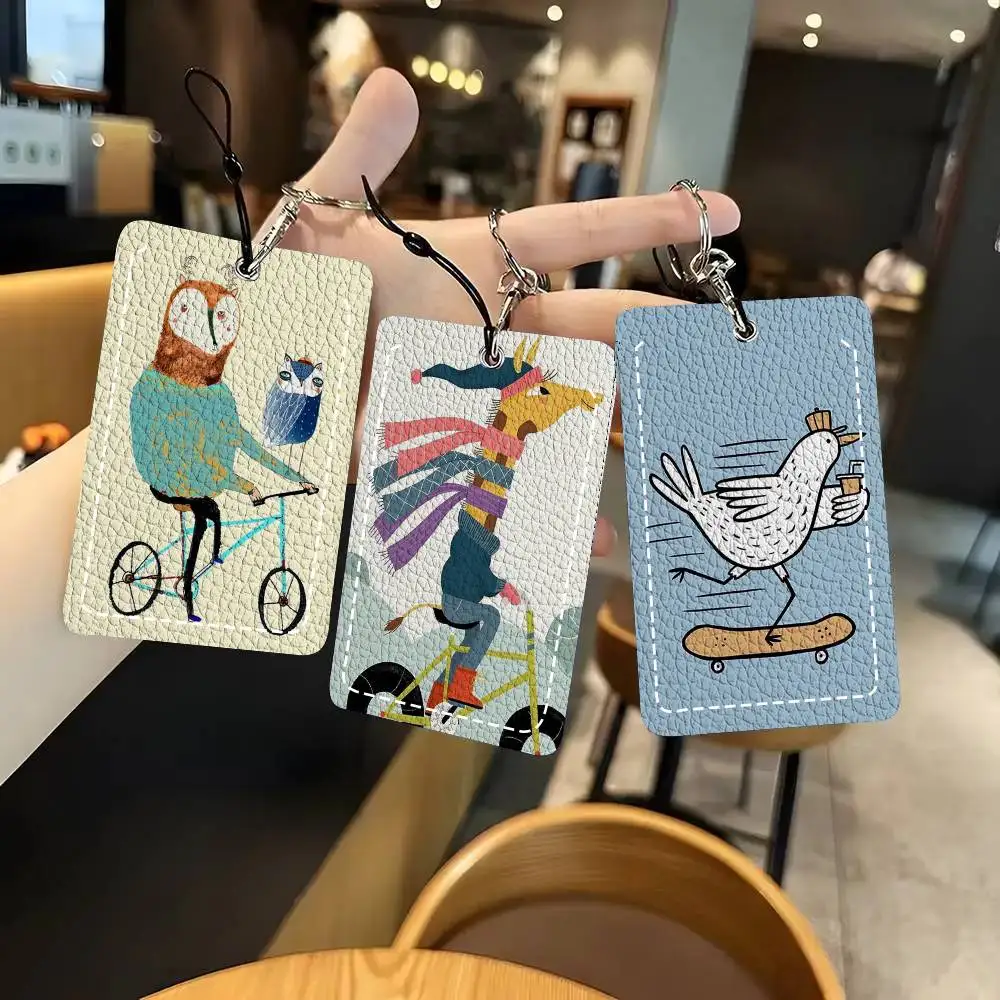 Animal Skateboard Tiger On Bicycle Card Wallet With Keychain PU Leather Printed Pattern Card Holder