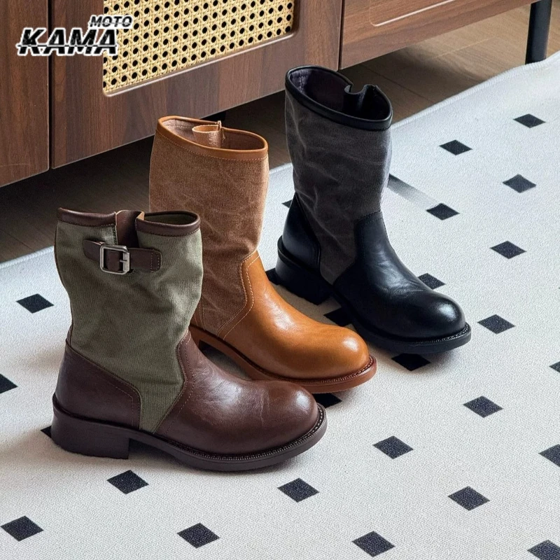 retro-leather-canvas-mid-calf-knight-boots-women's-metal-buckle-chunky-heel-fashionable-denim-boots-comfortable-round-toe