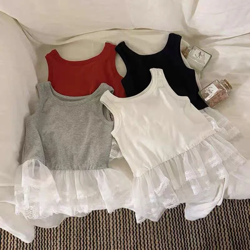 

Girls Splicing mesh Vest 2025 Summer Children Sweet Lace T-shirt Baby Sleeveless Undershirt Princess Simple Versatile Clothing