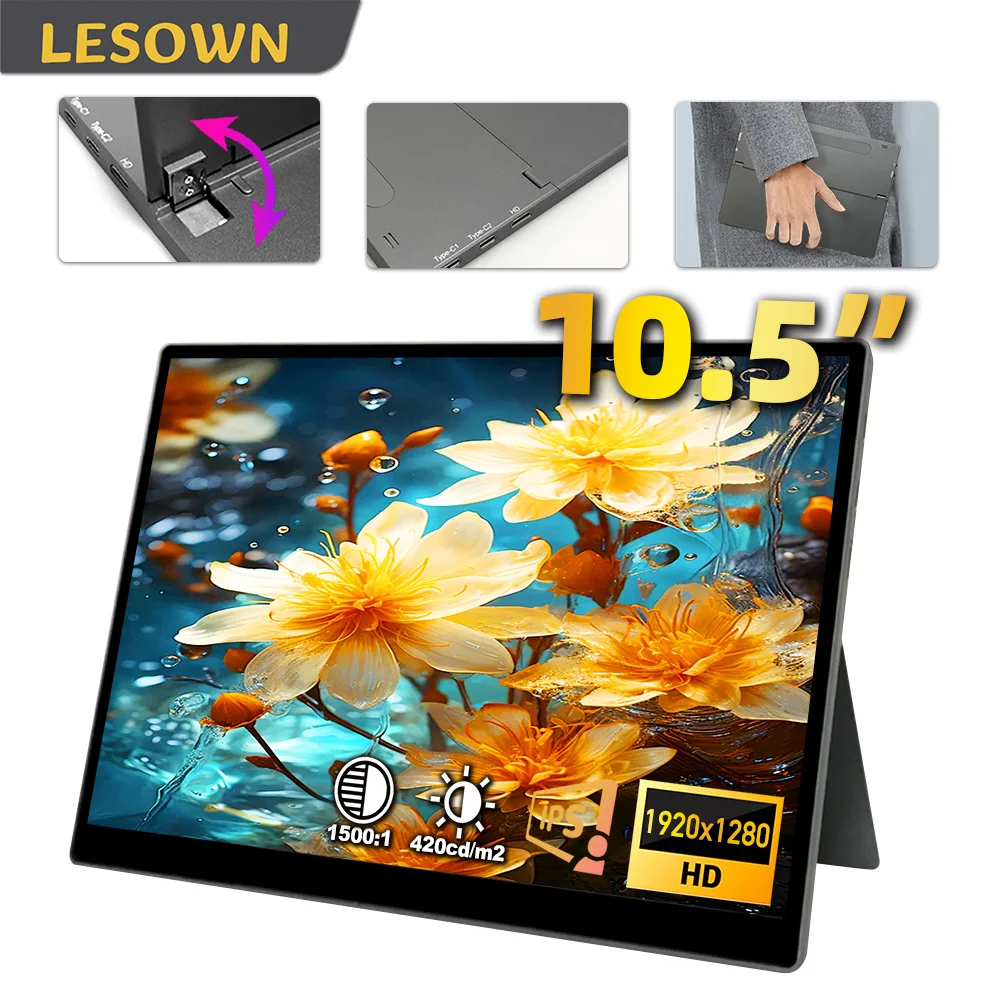 

LESOWN Портативный 10,5-дюймовый монитор USB-C 1920x1280 IPS ЖК-дисплей Внешний дисплей для ноутбуков Игровые консоли Легкий компактный дизайн