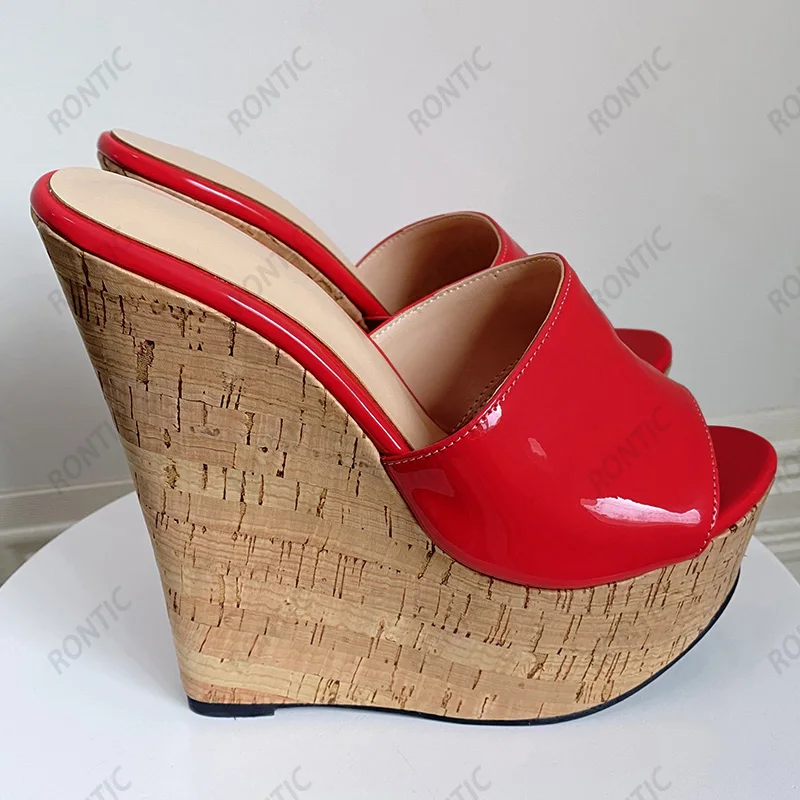 Rontic New Arrival Women Platform Mules Sandals Patent Unisex Wedges Heels Open Toe Gorgeous Fuchsia Party Shoes US Size 5-20