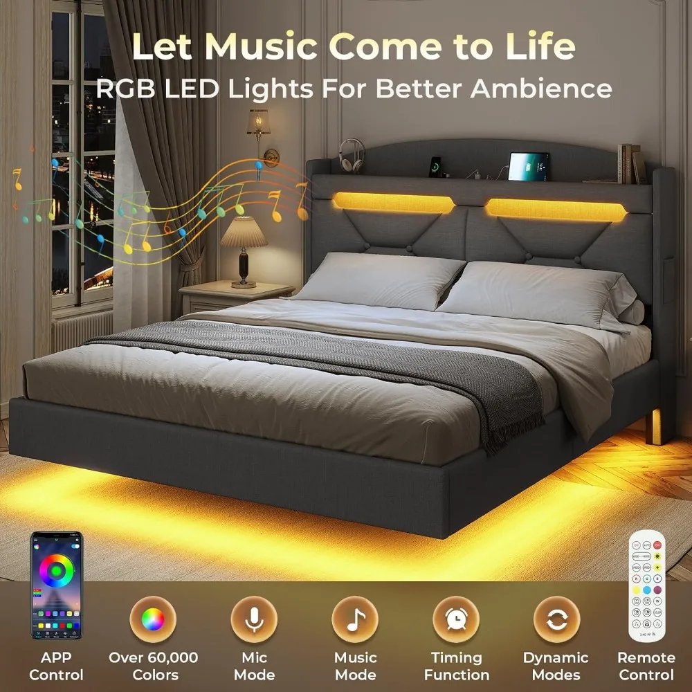 Floating Bed Frame w RGB LED Lights and Charging Station, Upholstered Platform Bed Frame w Storage Shelf Headboard, Noise Free