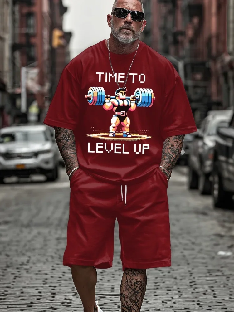 Summer Plus Size Men's Streetwear 2 Piece Outfit Level Up Rooster Alpha Graphic Printed Short Sleeve T-Shirt and Shorts Sets view 3