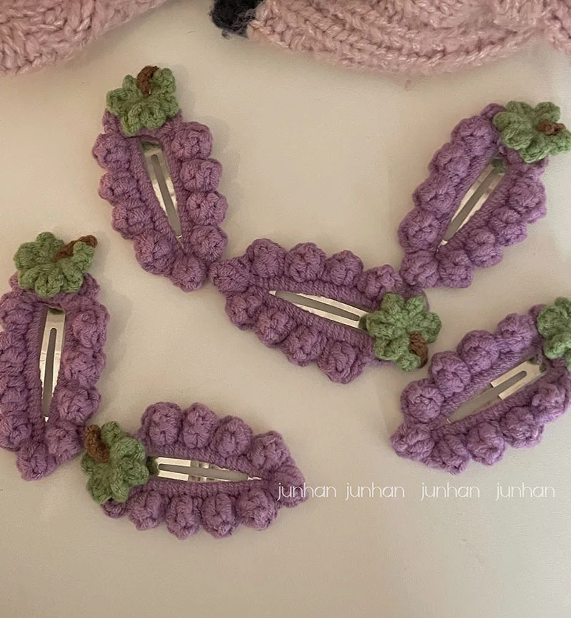 Grape purple~pure hand knitting hair clip Grape is ripe Girl\'s lovely fruit wool crochet hair clip bb clip Headwear