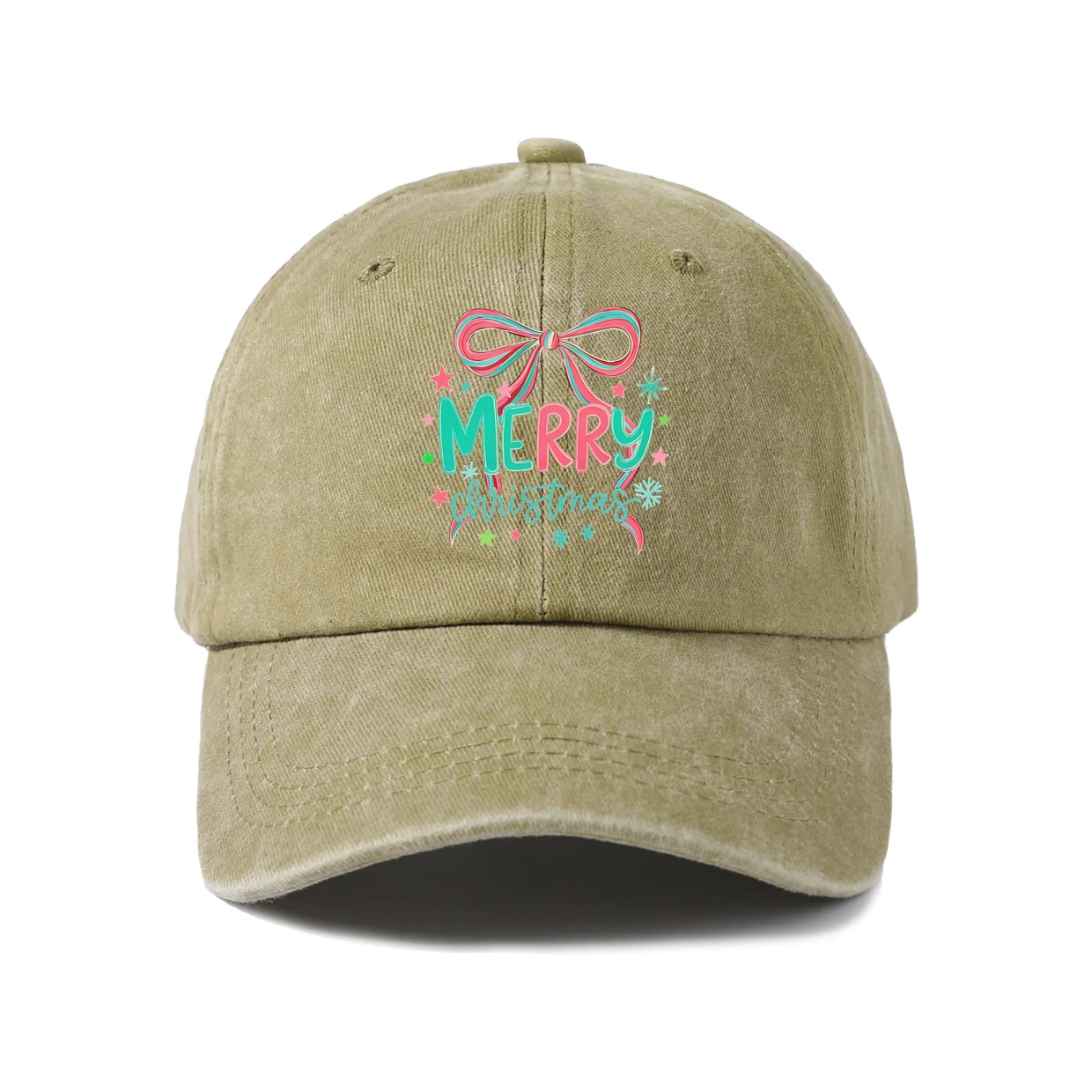 Merry Christmas Bow Typography Graphic Vintage Washed Baseball Cap, Adjustable Unisex Dad Hat for Men and Women