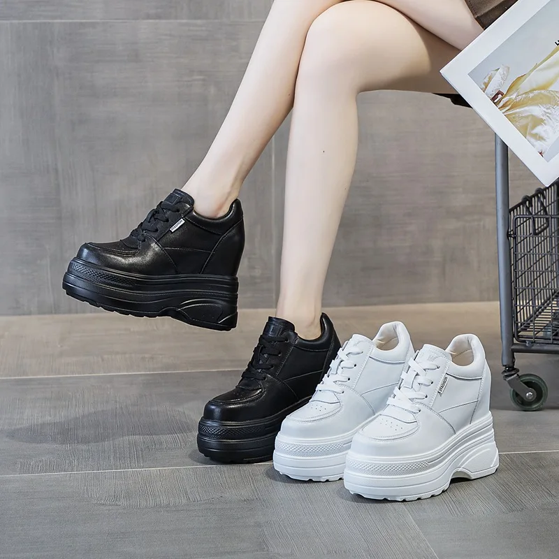 Fujin 12CM Wedge Pumps Autumn Genuine Leather Spring Spring Shoes Hidden Heels Moccasins Women Platform High Brand Female Shoes
