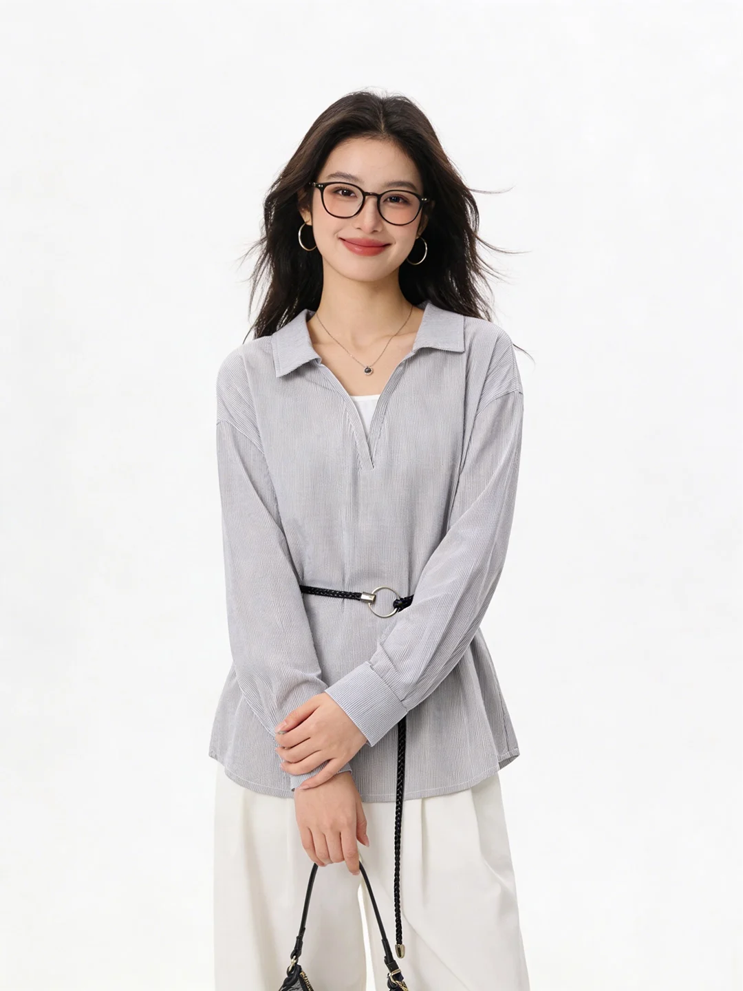 

Korean Style Long Sleeve Neck Striped Shirt Belt Slimming Business Casual Women's Fashion Spring Autumn Seasonal Clothing