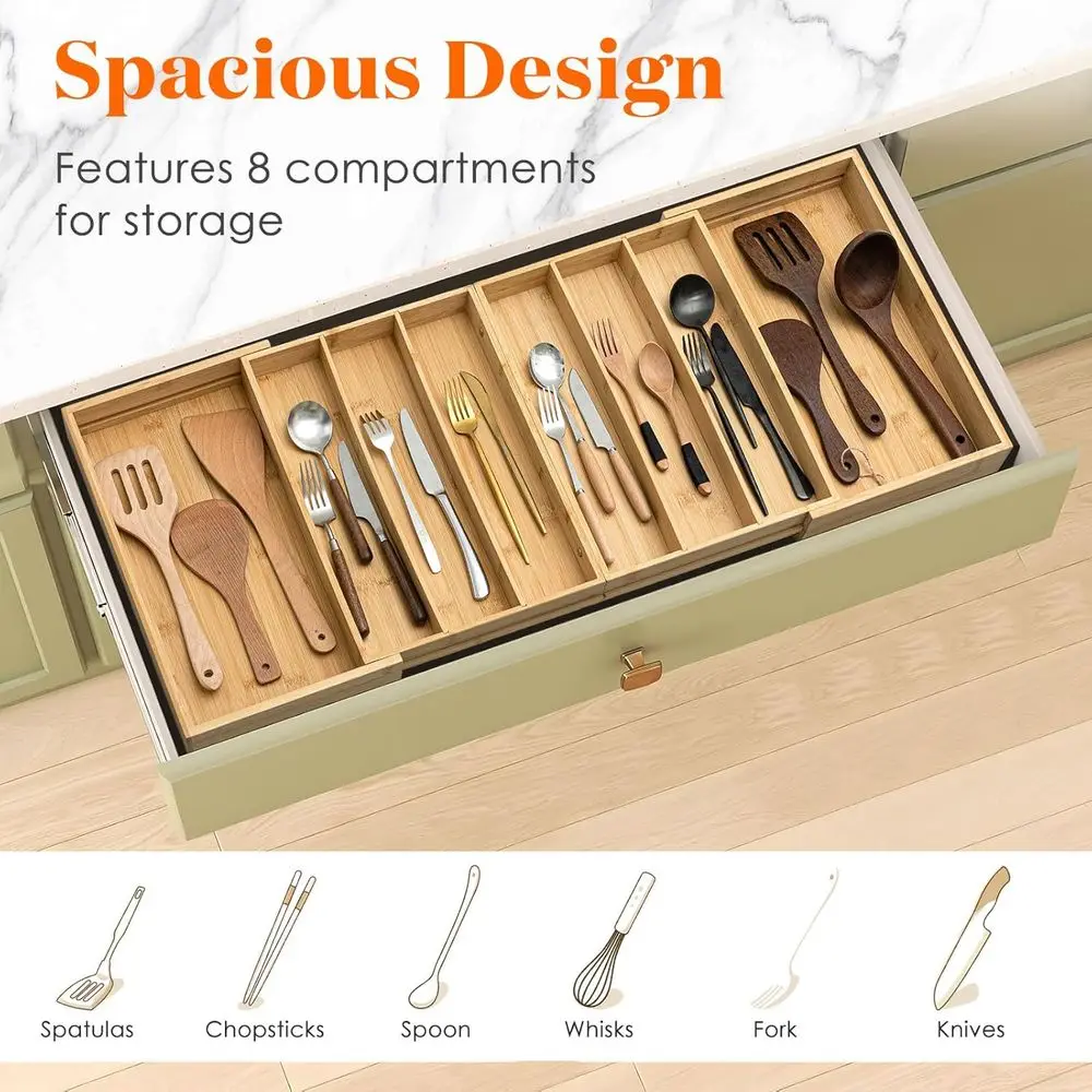 Расширяемый бамбуковый органайзер для кухонного ящика для посуды, ширина 21,4-36 дюймов, регулируемый поднос для столового серебра для хранения столовых приборов