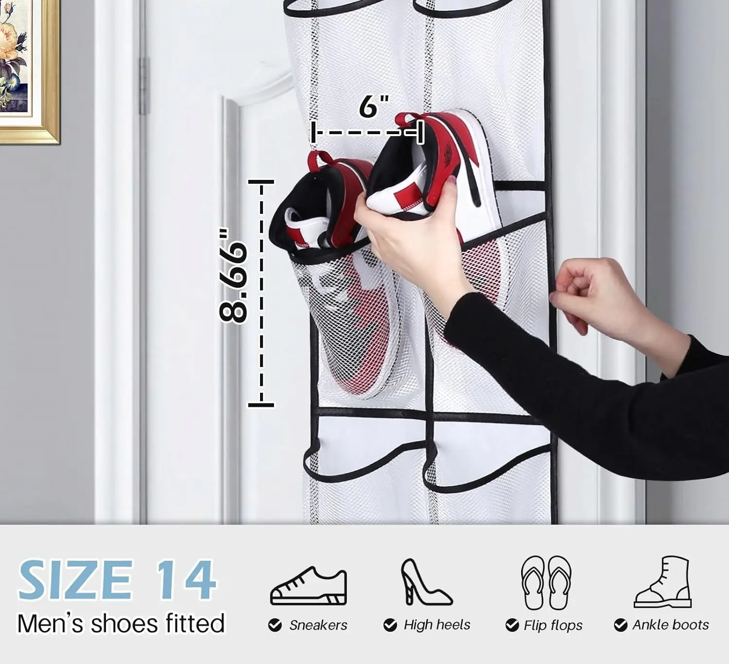 ドア掛け式シューズオーガナイザー、12個の大きなメッシュポケット付き、ホワイト、省スペース収納用2個パック