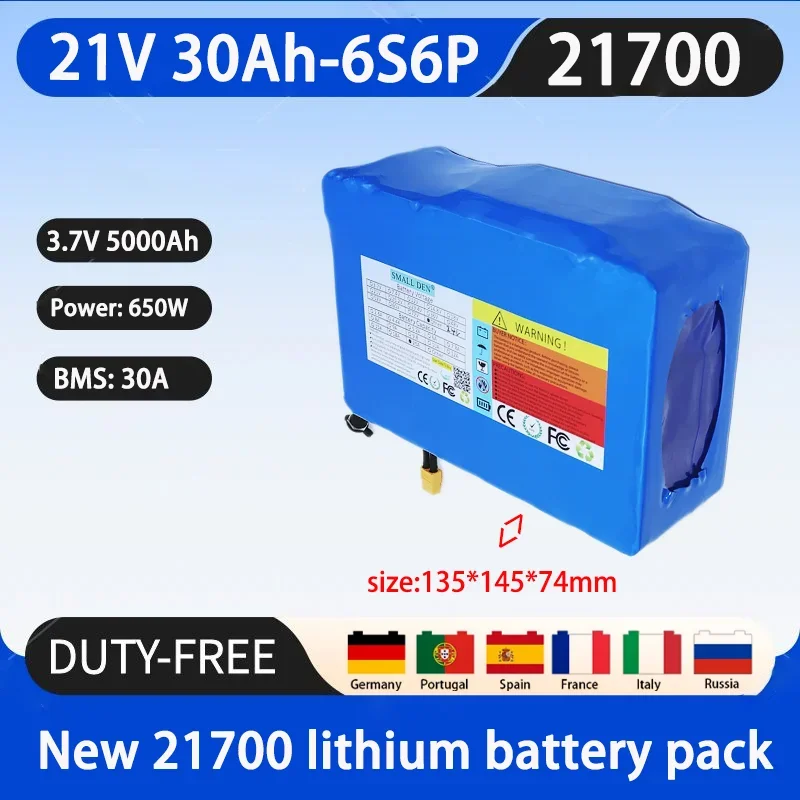 New 21V 30Ah 21700 6S6P lithium battery pack A-class battery 30A BMS 650W high-power rechargeable battery+25.2V 2A charger