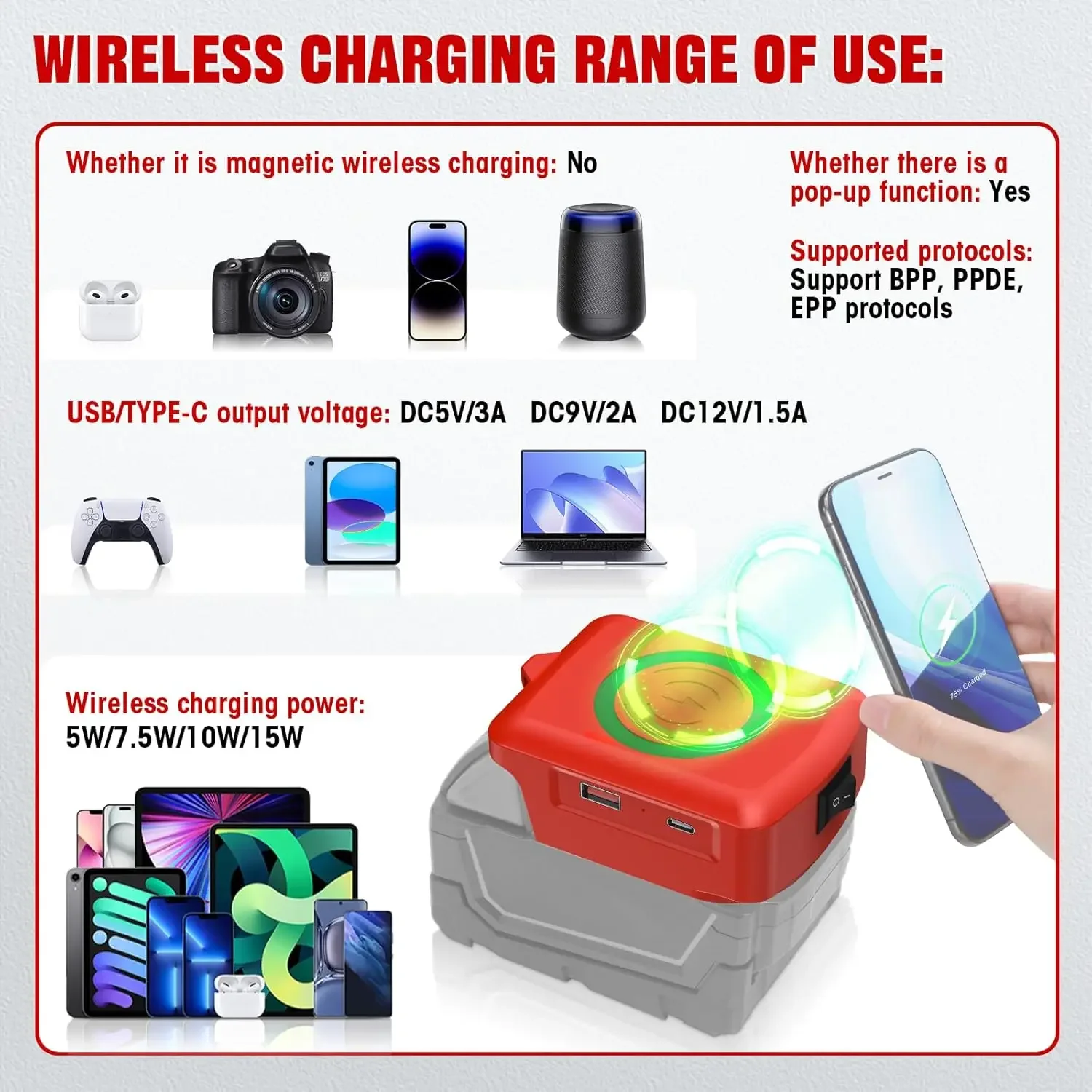 For Makita/Dewalt/Milwaukee18V Li-ion Battery Wireless Phone Charger USB Adapter TYPE-C Port Fast Charging Portable Power Bank