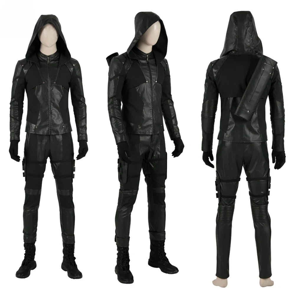 

Green Arrow Oliver Queen Cosplay Costume With Quiver Faux Leather Battle Suit Green Arrow Halloween Role Play Outfit Full Set