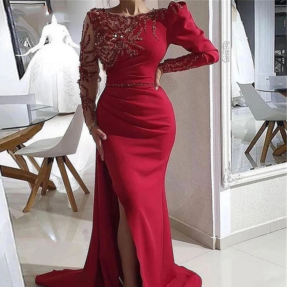 Abiti da sera con spacco a sirena rossa 2023 perline antimacchia maniche lunghe abiti da ballo Robe De Soirée De Mariage Vestido Noche muslimeadr/4presebitor