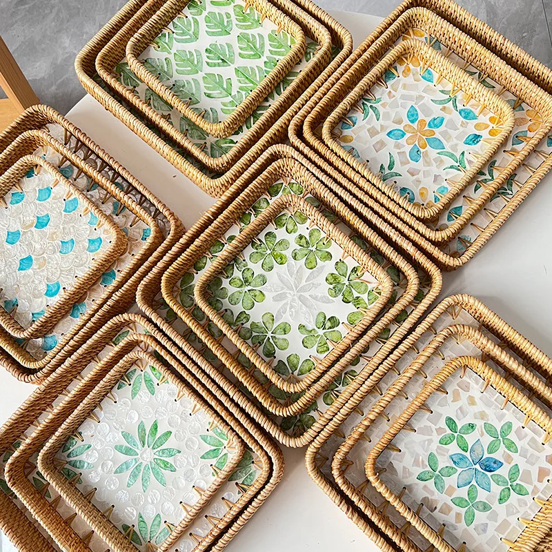 Hand Woven Splicing Shell Rattan Basket Rattan Weaving Colorful Rattan Shell Tray Decorative Household Dried Fruit Plate