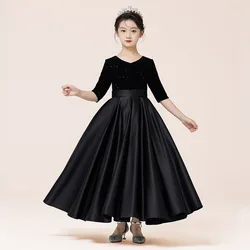 Elegant Party Dresses for Girls Sequins Piano Competition Costume Black Princess Evening Dress Luxury Children Birthday Clothing